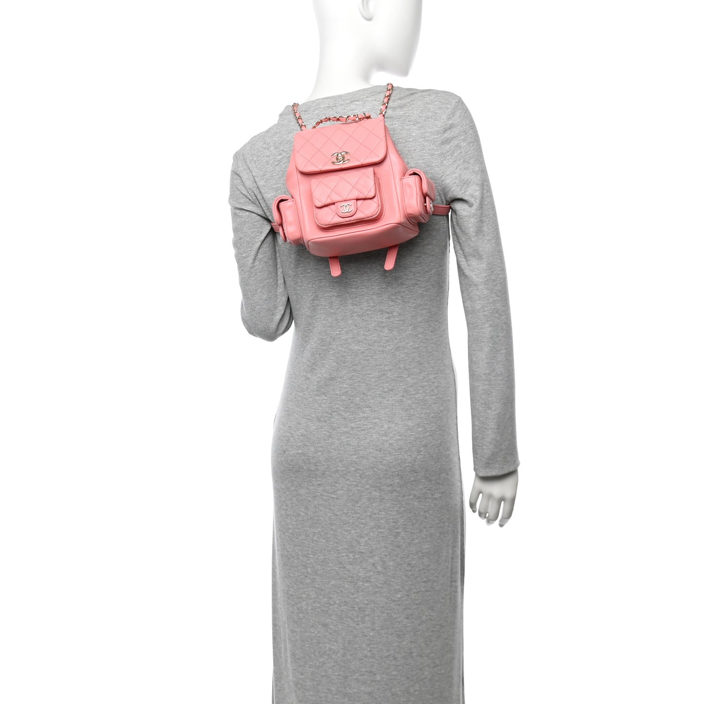 Shiny Caviar Quilted Small Pockets Drawstring Backpack Pink