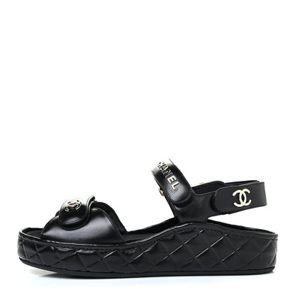Chanel Shiny Calfskin Logo Platform Sandals 39 Black 1 of 4