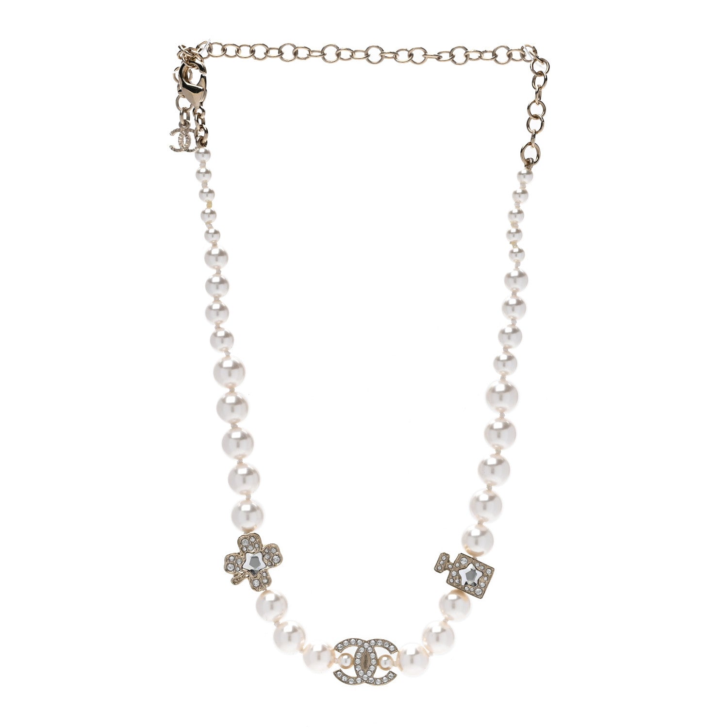Chanel Pearl Crystal CC Short Charm Necklace Gold 3 of 6
