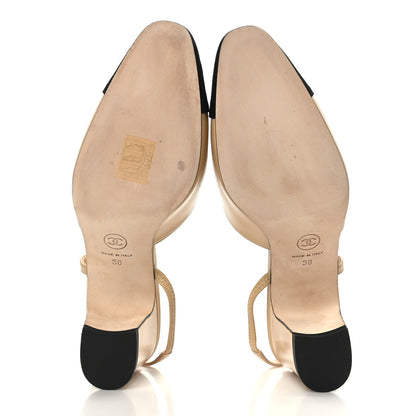 Chanel Goatskin Grosgrain Cap Toe CC Slingback Pumps 38 Beige Black 5 of 8