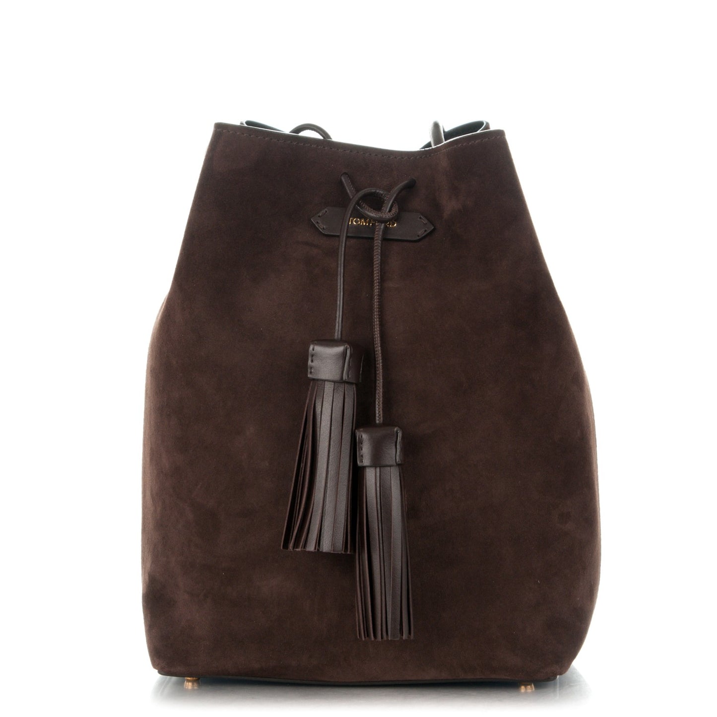 Suede Medium Double Tassel Bucket Bag Dark Brown