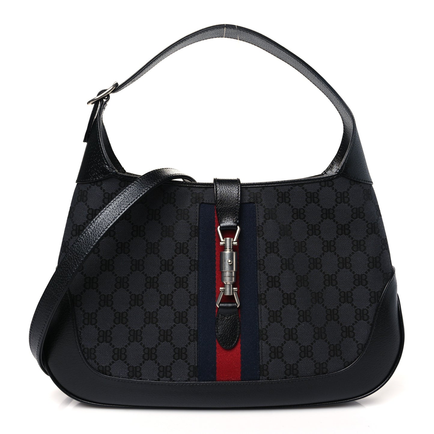 X BALENCIAGA Supreme Monogram Calfskin Web Medium Jackie 1961 Hobo Black