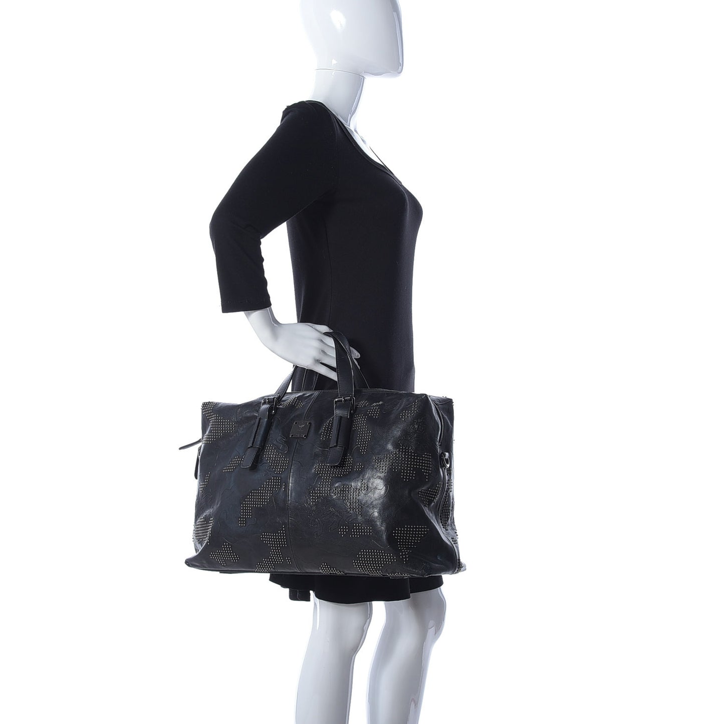 Smooth Calfskin Camo Studded Weekender Bag Black