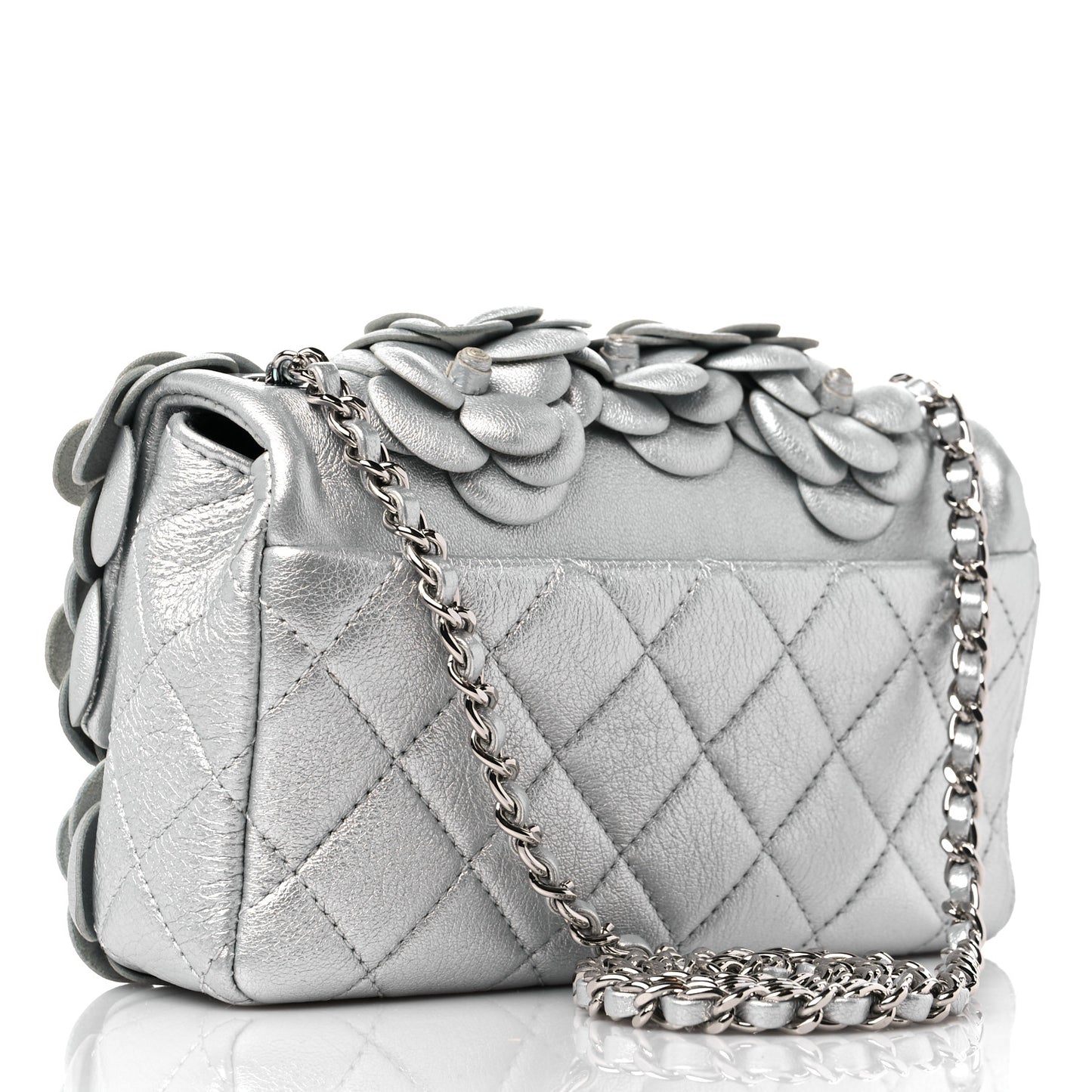 Metallic Lambskin Quilted Mini Camellia Flap Silver