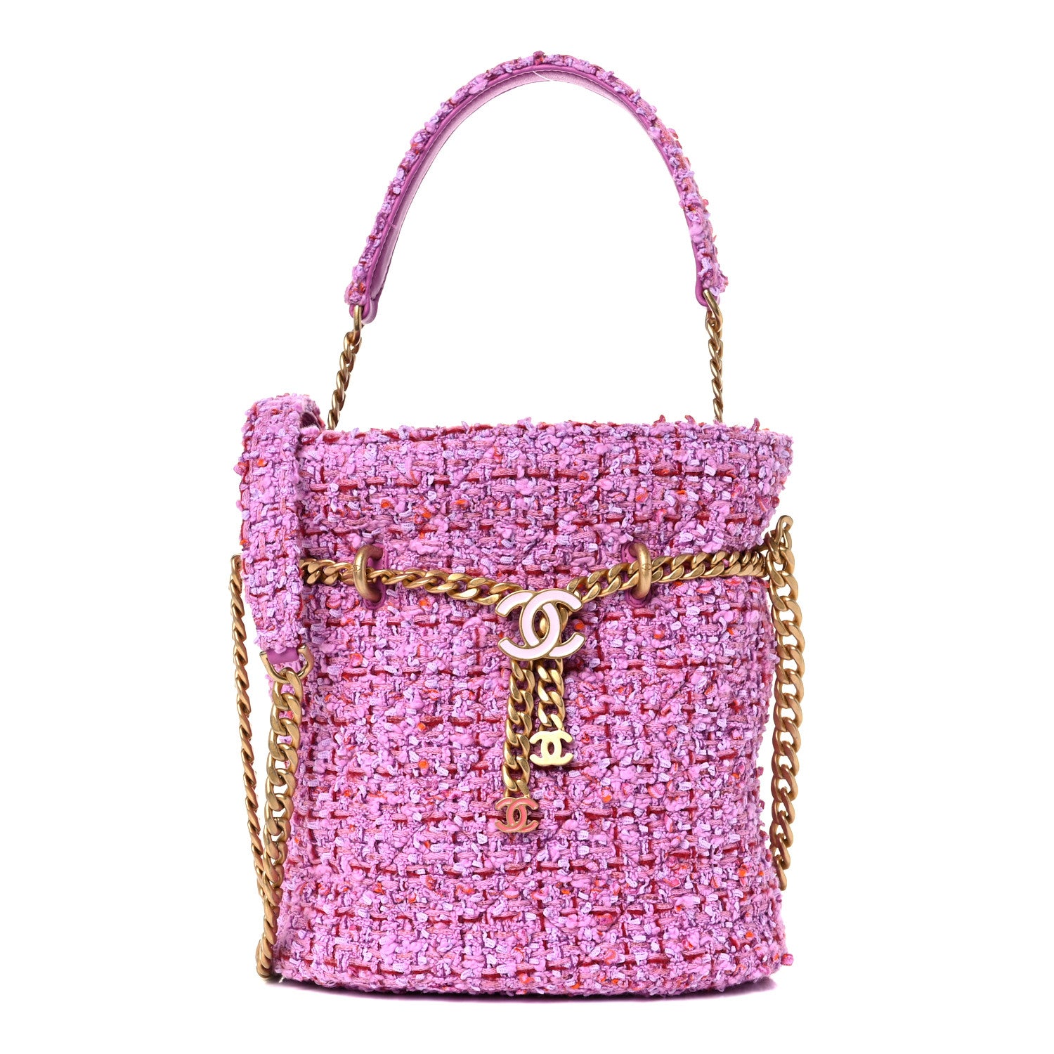 Chanel Tweed Enamel Quilted Pending CC Bucket Drawstring Bag Light Purple Pink Red 1 of 12