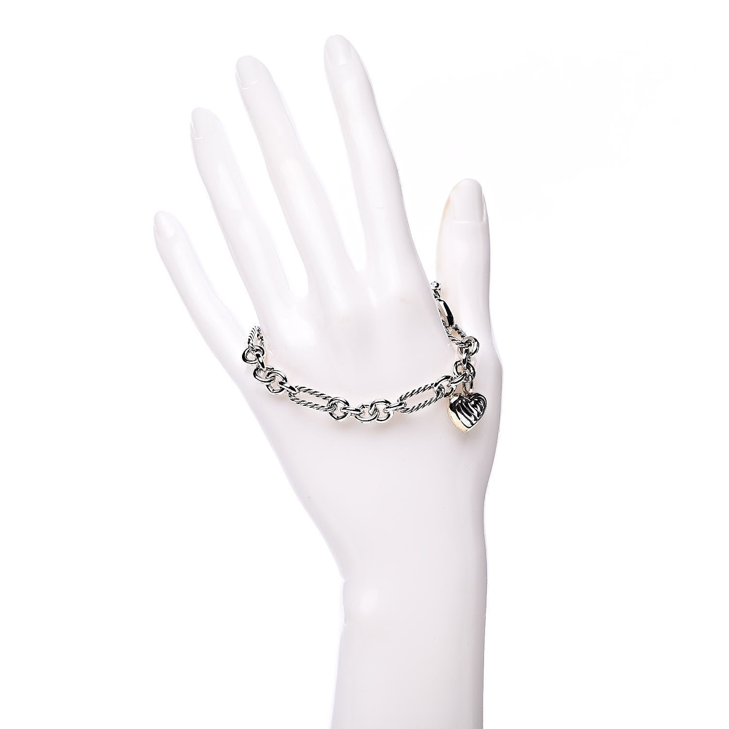 David Yurman Sterling Silver 18K Yellow Gold Cable Heart Charm Bracelet 2 of 4