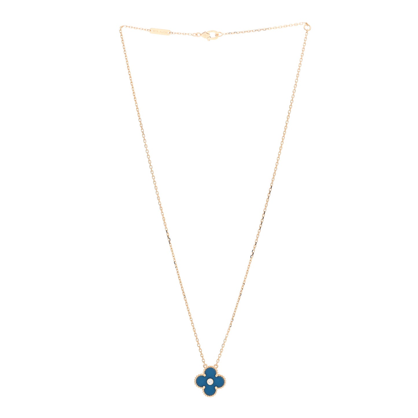 18K Yellow Gold Diamond Celestial Blue Sevres Porcelain Vintage Alhambra Pendant Necklace