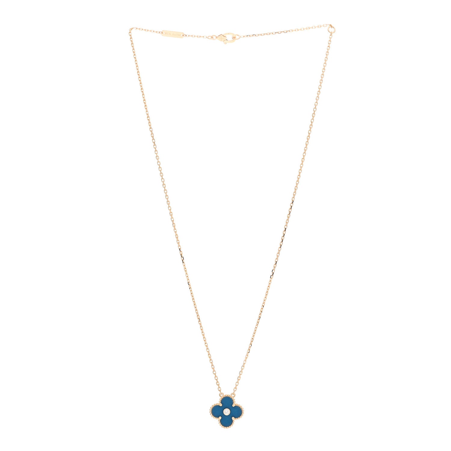 Van Cleef & Arpels 18K Yellow Gold Diamond Celestial Blue Sevres Porcelain Vintage Alhambra Pendant Necklace 3 of 4
