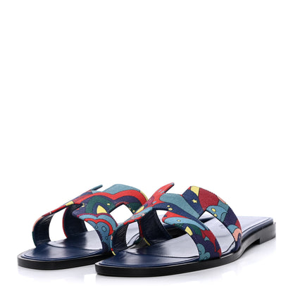 Hermes Canvas Faubourg Rainbow Oran Sandals 37.5 Multicolore Bleu Maritime 3 of 10