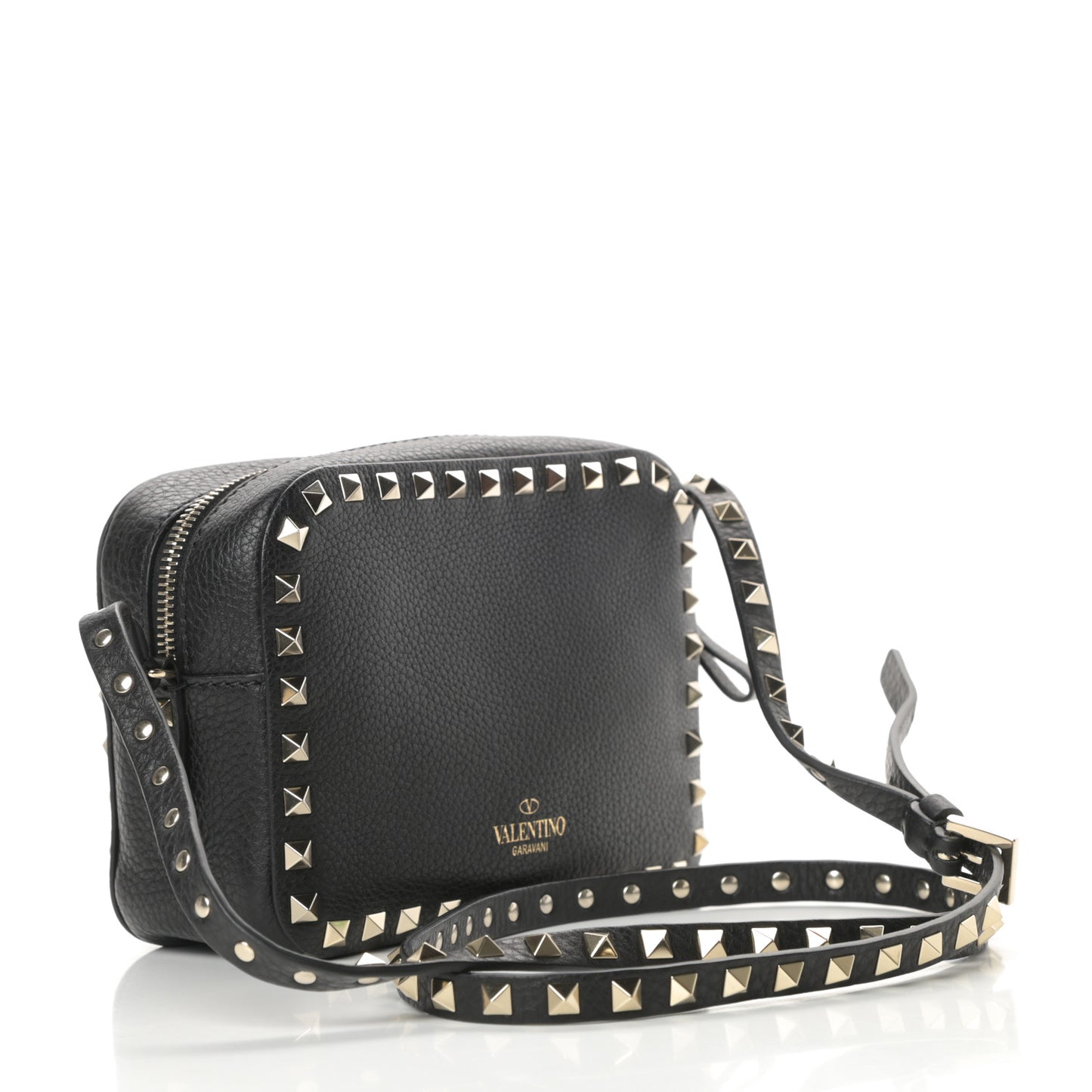 Pebbled Calfskin Rockstud Camera Crossbody Bag Black