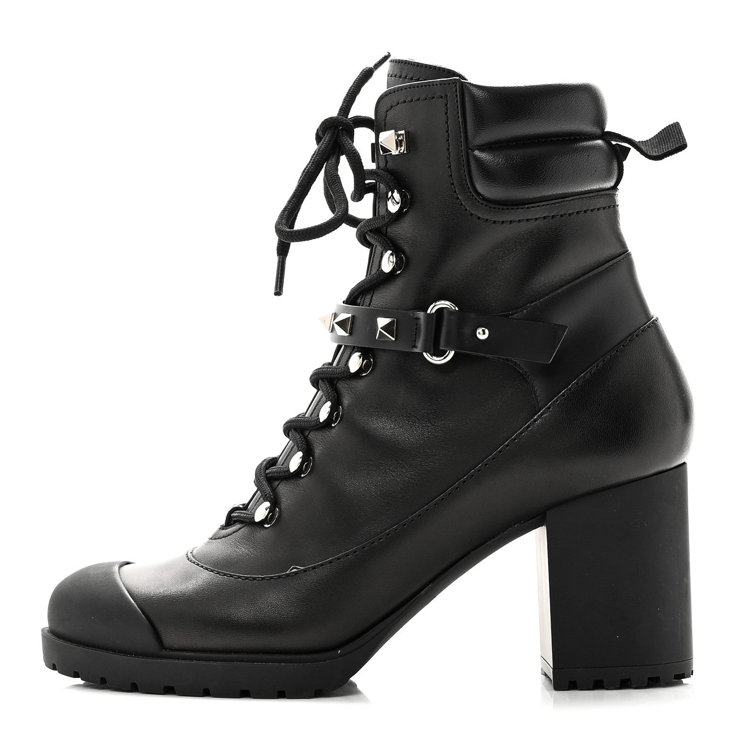 Valentino Garavani Calfskin Rockstud Cap Toe Combat Boots 37 Black 1 of 9