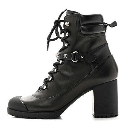 Valentino Garavani Calfskin Rockstud Cap Toe Combat Boots 37 Black 1 of 9