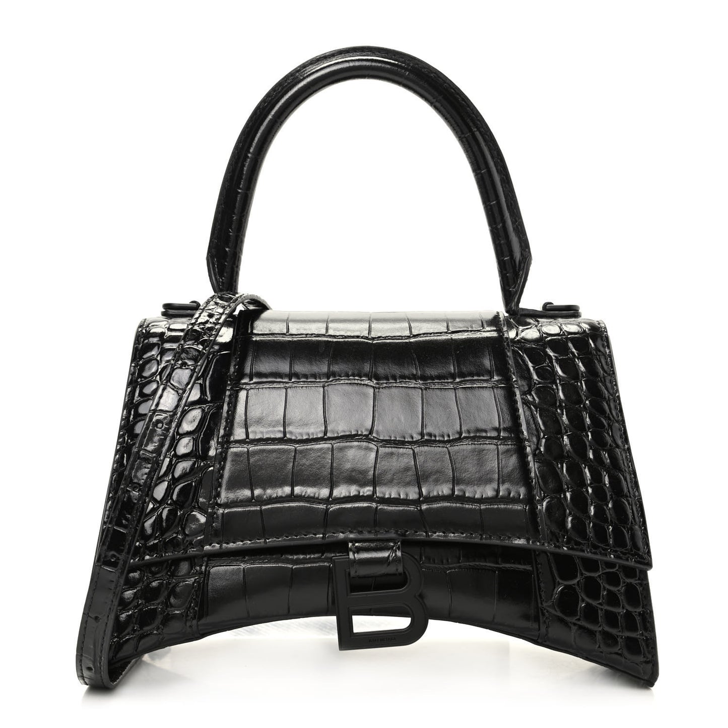 Shiny Calfskin Monochrome Crocodile Embossed Small Hourglass Top Handle Bag Black