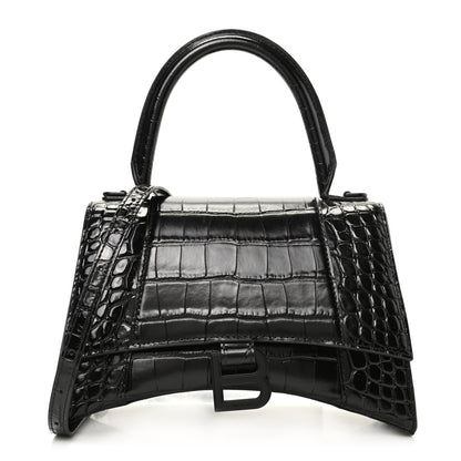 Balenciaga Shiny Calfskin Monochrome Crocodile Embossed Small Hourglass Top Handle Bag Black 1 of 8