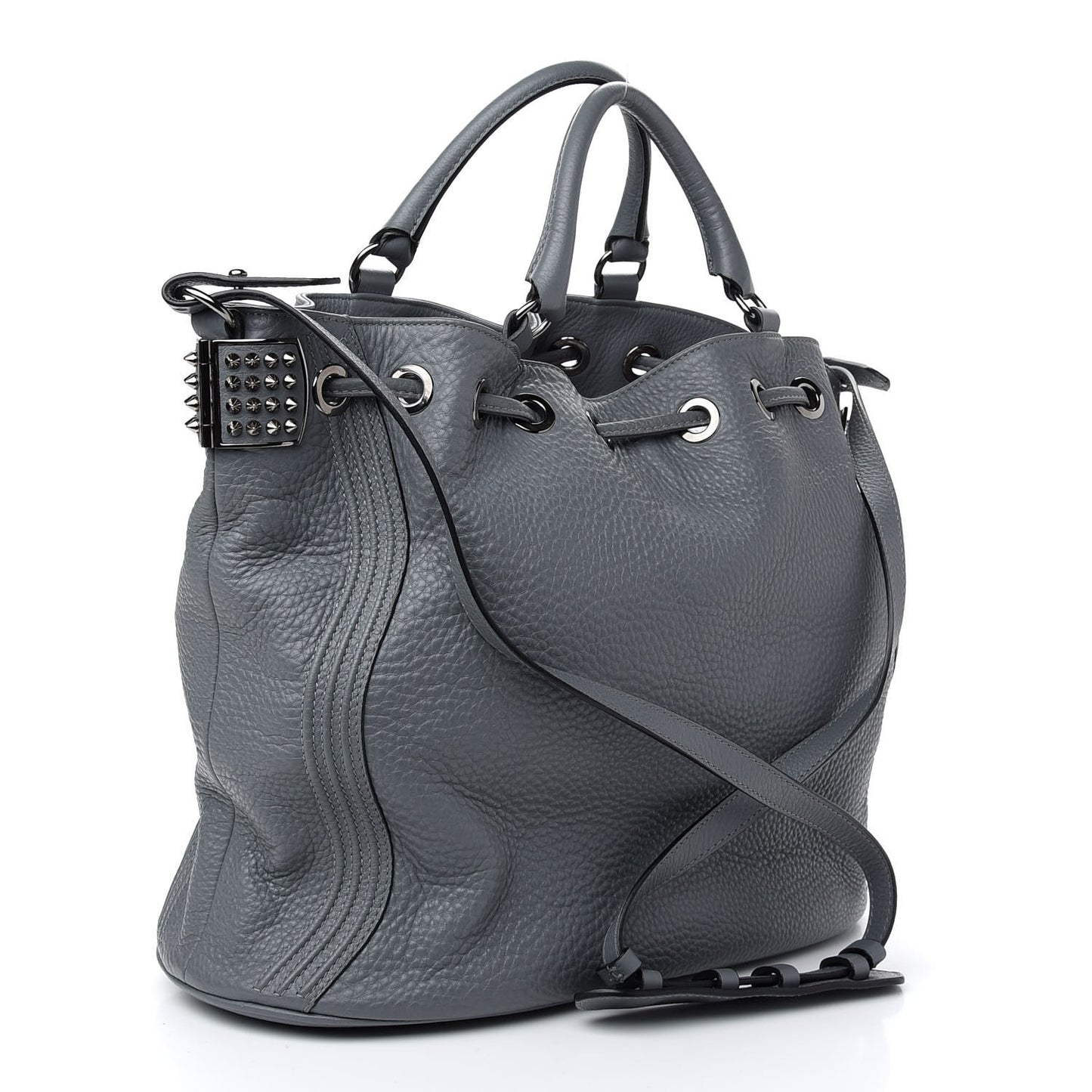 Pebbled Calfskin Spiked Dompteuse Bucket Bag Grey