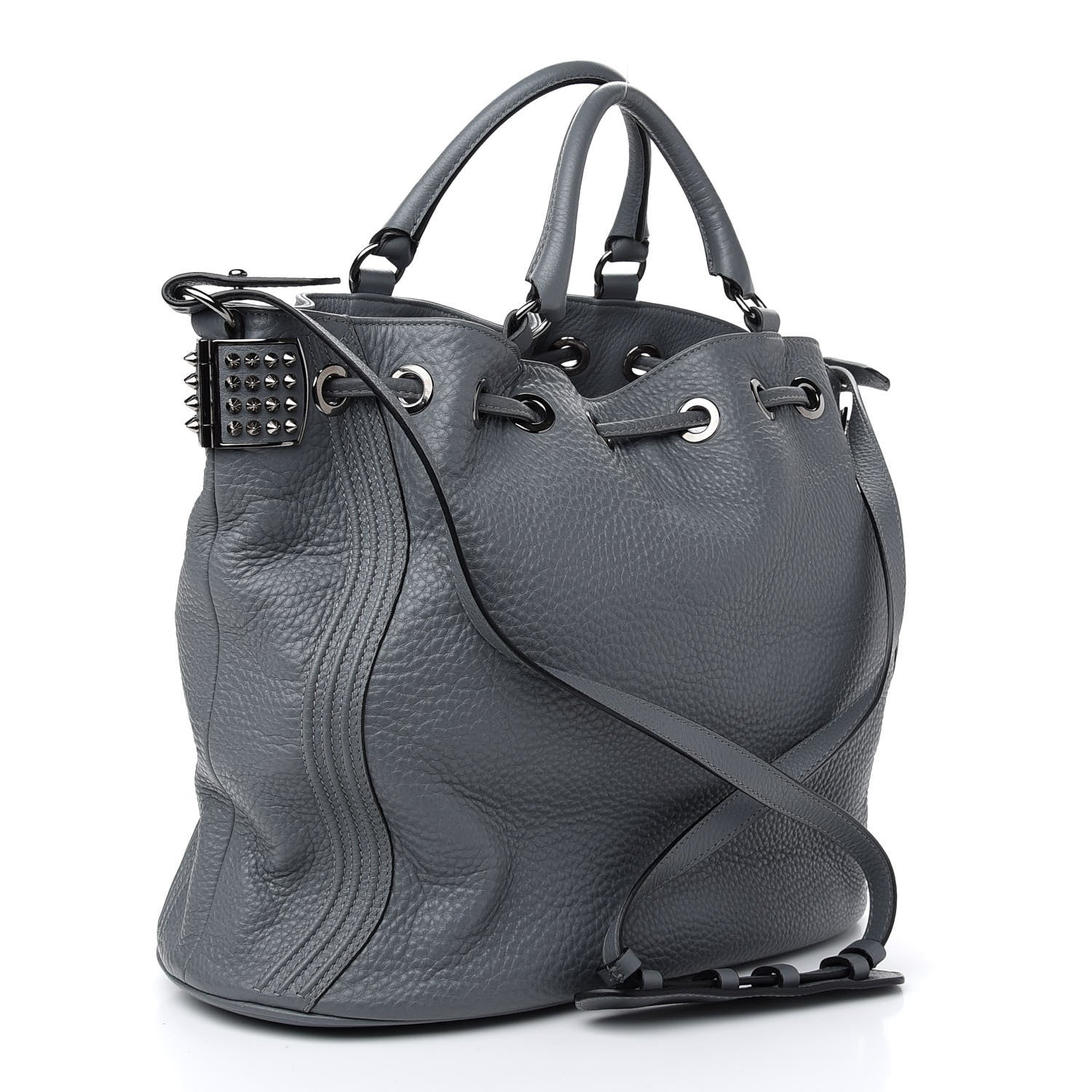 Christian Louboutin Pebbled Calfskin Spiked Dompteuse Bucket Bag Grey 3 of 8