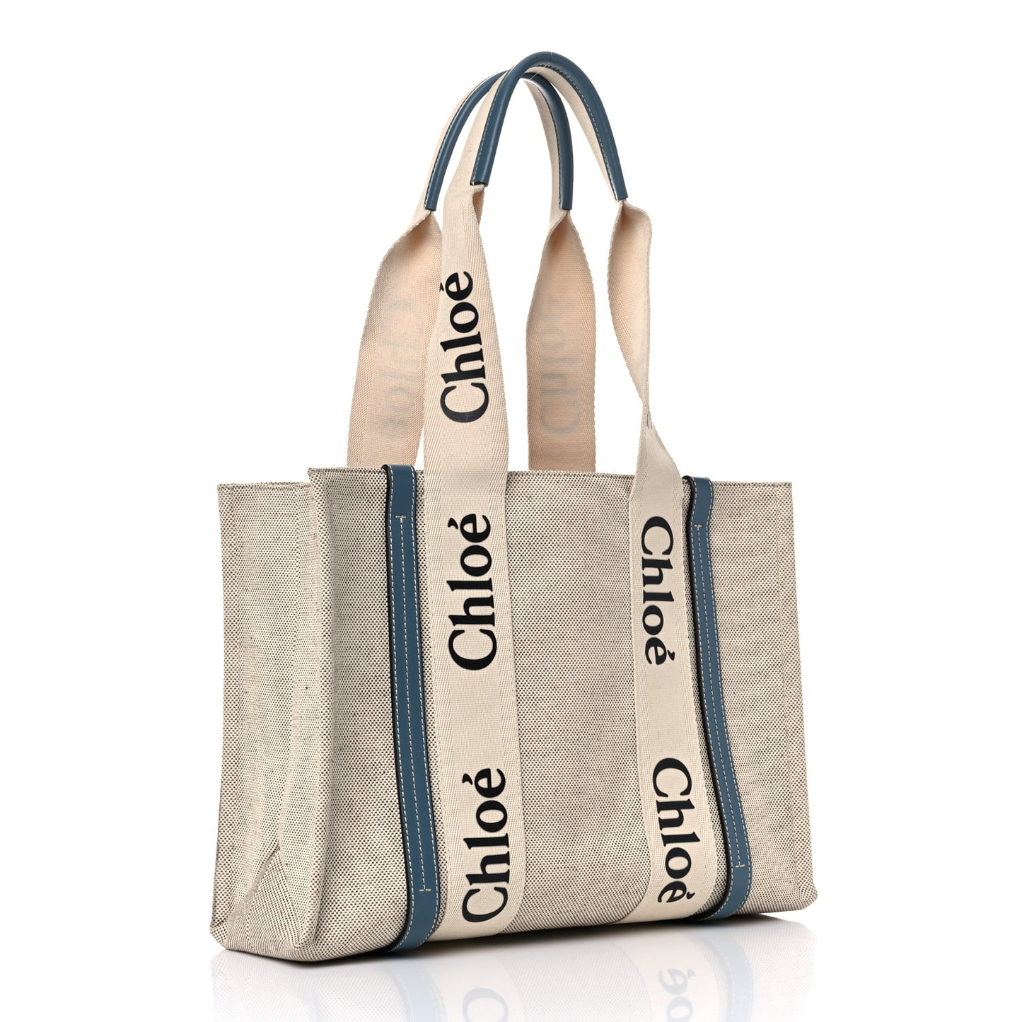 Cotton Calfskin Medium Woody Ribbon Tote White Blue