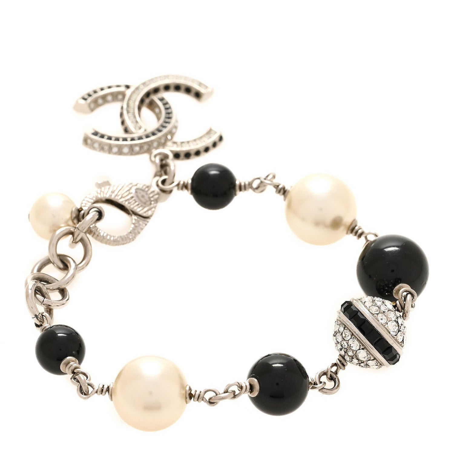 Chanel Pearl Bead Crystal CC Bracelet White Black Silver 1 of 4