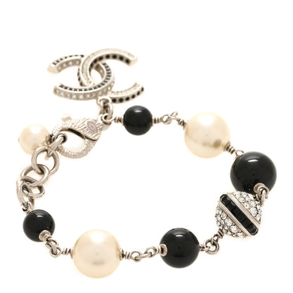 Chanel Pearl Bead Crystal CC Bracelet White Black Silver 1 of 4