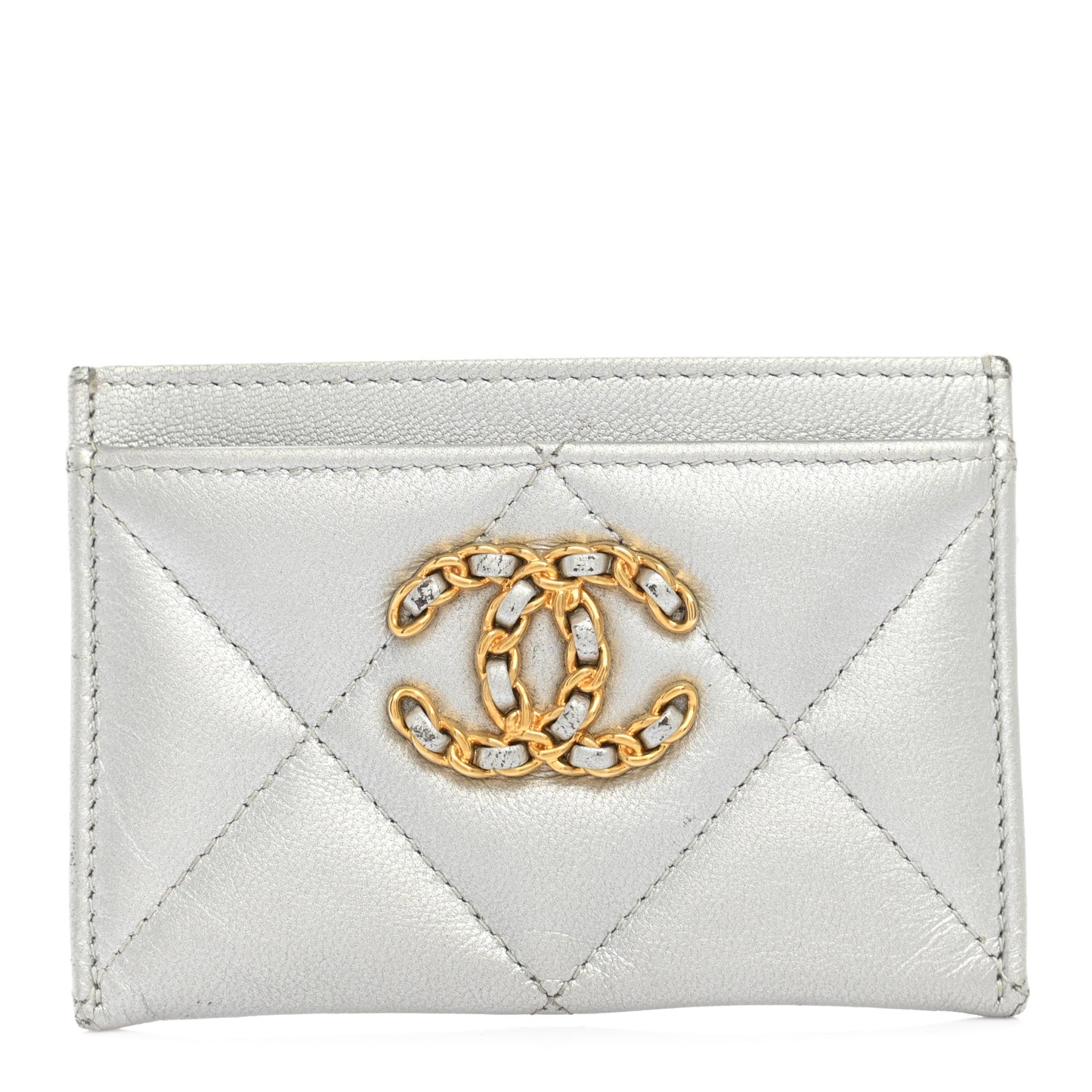 Metallic Goatskin Quilted 19 Card Holder Silver