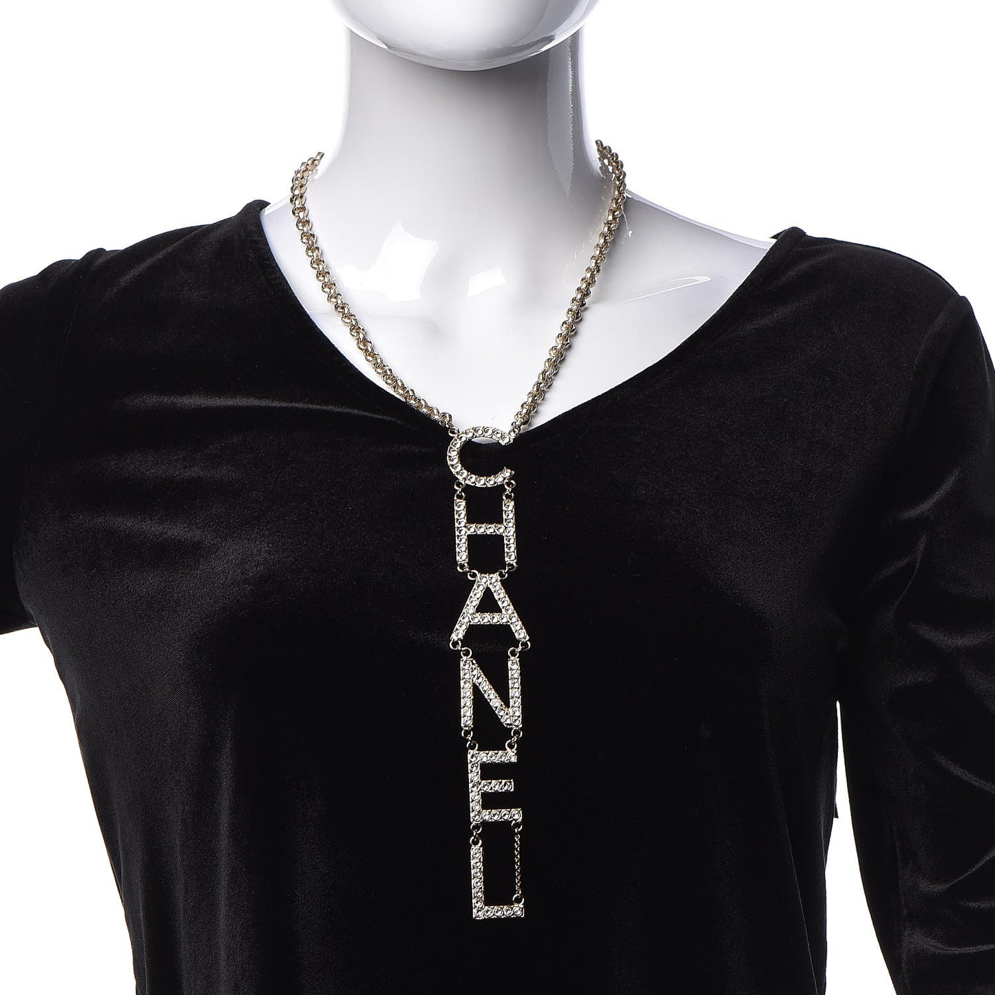 Metal Crystal Cha-Nel Logo Necklace Gold