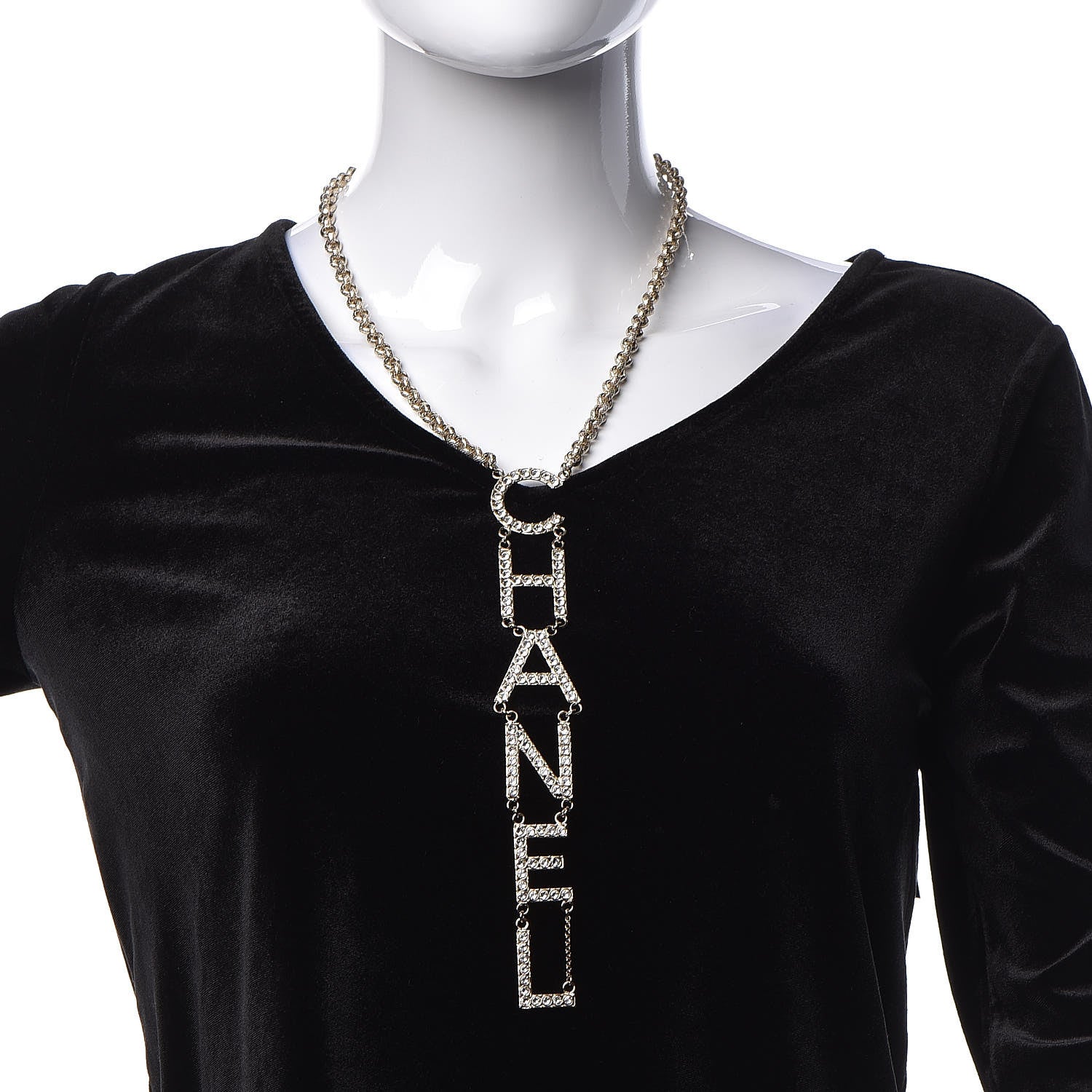 Chanel Metal Crystal Cha-Nel Logo Necklace Gold 2 of 7