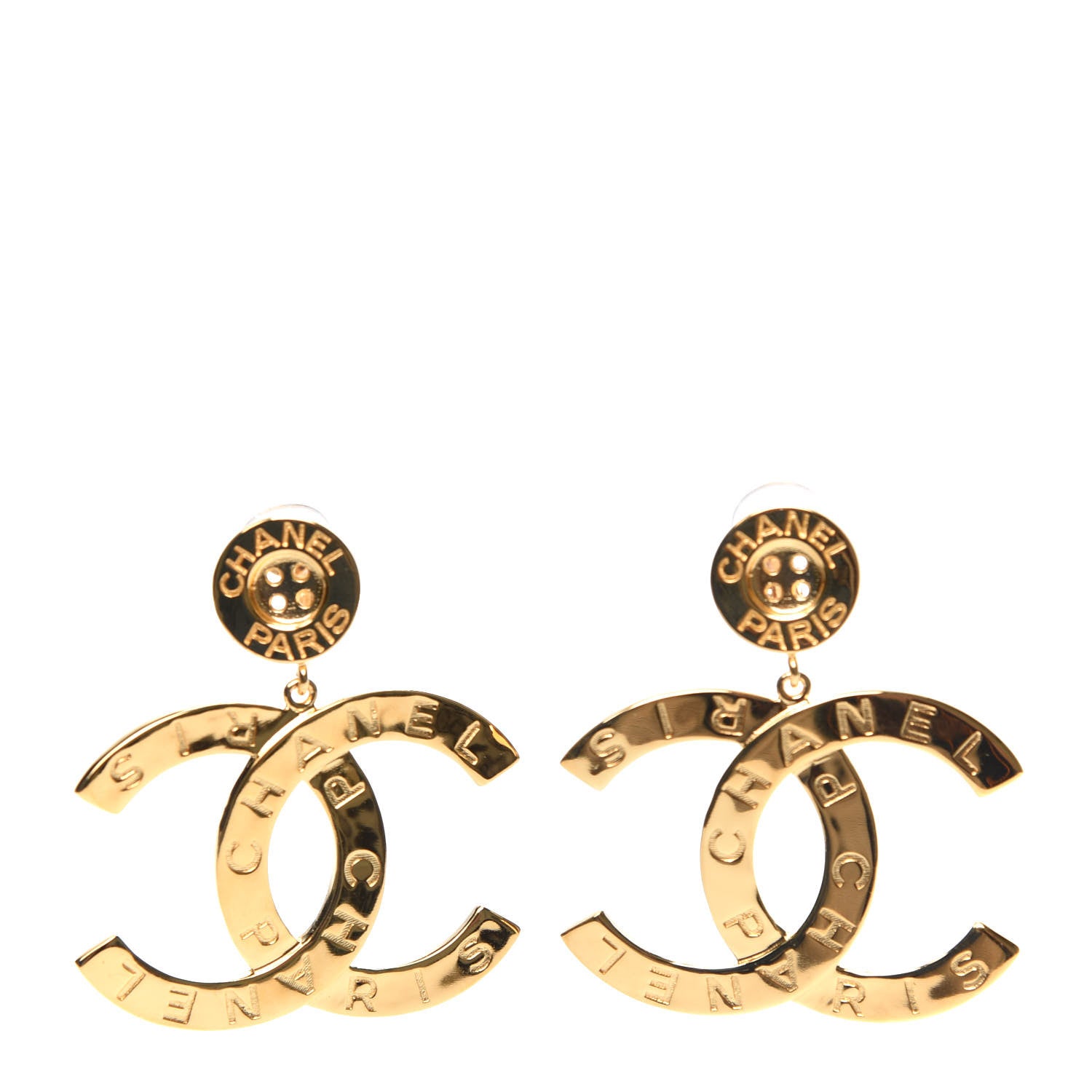 Chanel Metal Large Paris Button Clip On Earrings Gold 1 of 5