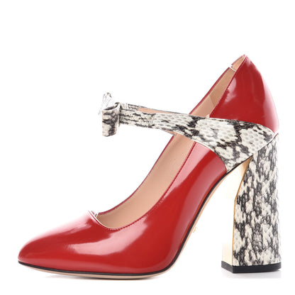 Gucci Polished Calfskin Elaphe Nimue Bow Mary Jane Pumps 38.5 Hibiscus Red Roccia 1 of 8