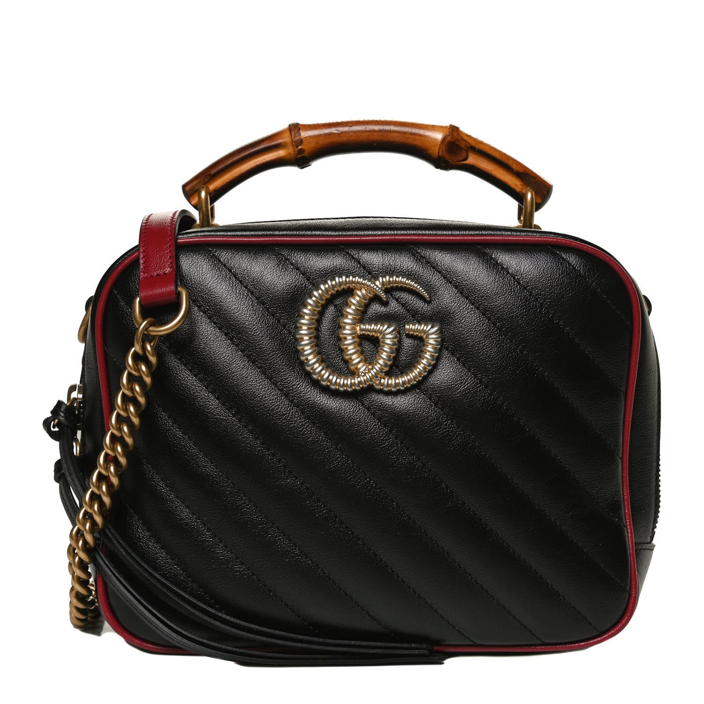 Vintage Effect Calfskin Matelasse Diagonal Small Torchon GG Marmont Bamboo Top Handle Shoulder Bag Black Romantic Cherry