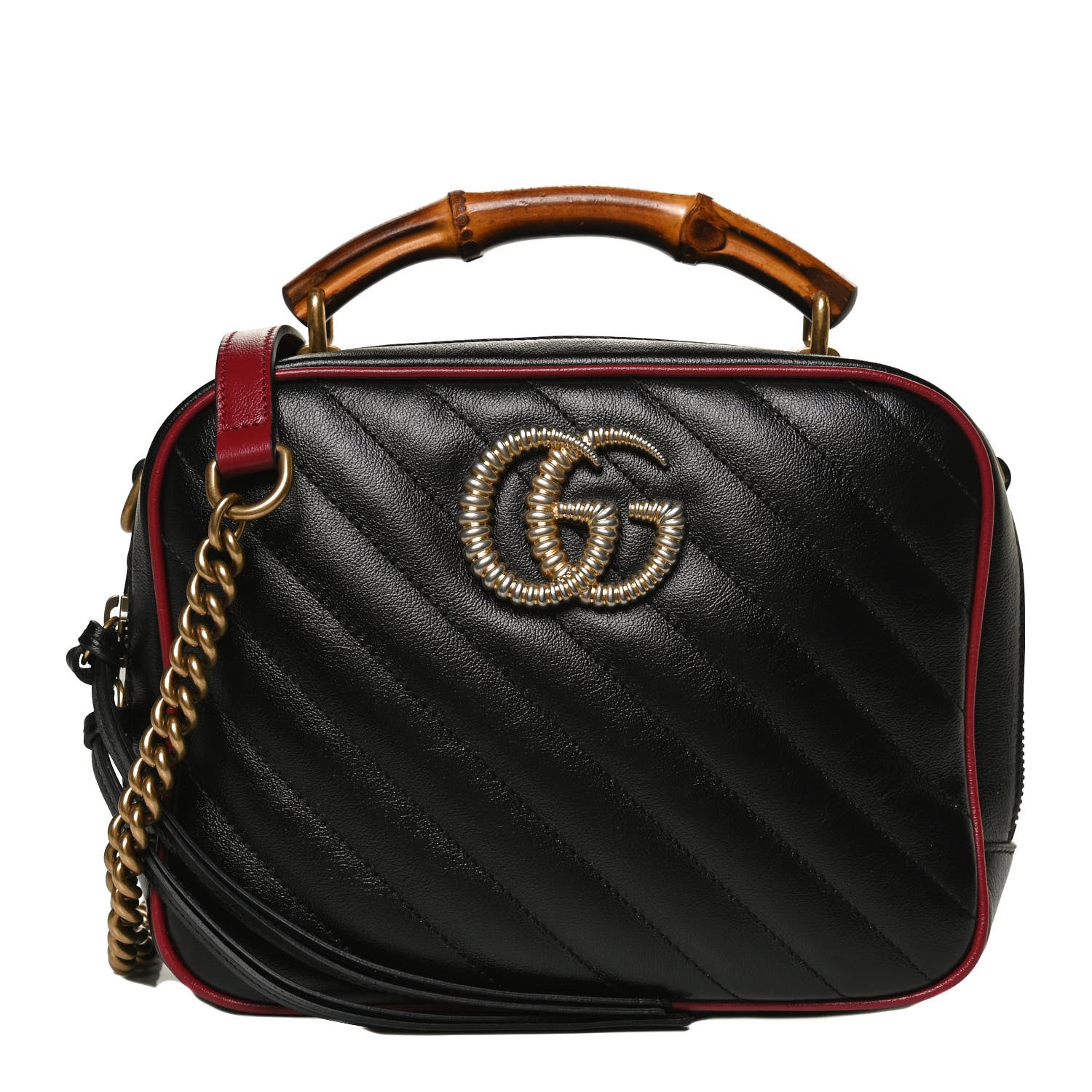 Gucci Vintage Effect Calfskin Matelasse Diagonal Small Torchon GG Marmont Bamboo Top Handle Shoulder Bag Black Romantic Cherry 1 of 11