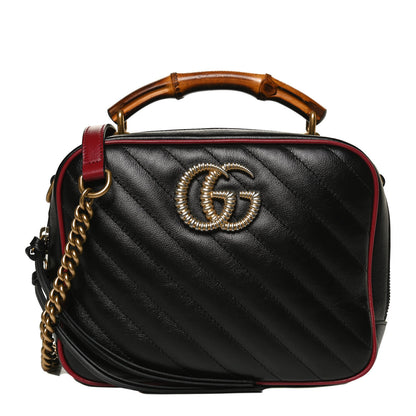 Gucci Vintage Effect Calfskin Matelasse Diagonal Small Torchon GG Marmont Bamboo Top Handle Shoulder Bag Black Romantic Cherry 1 of 11