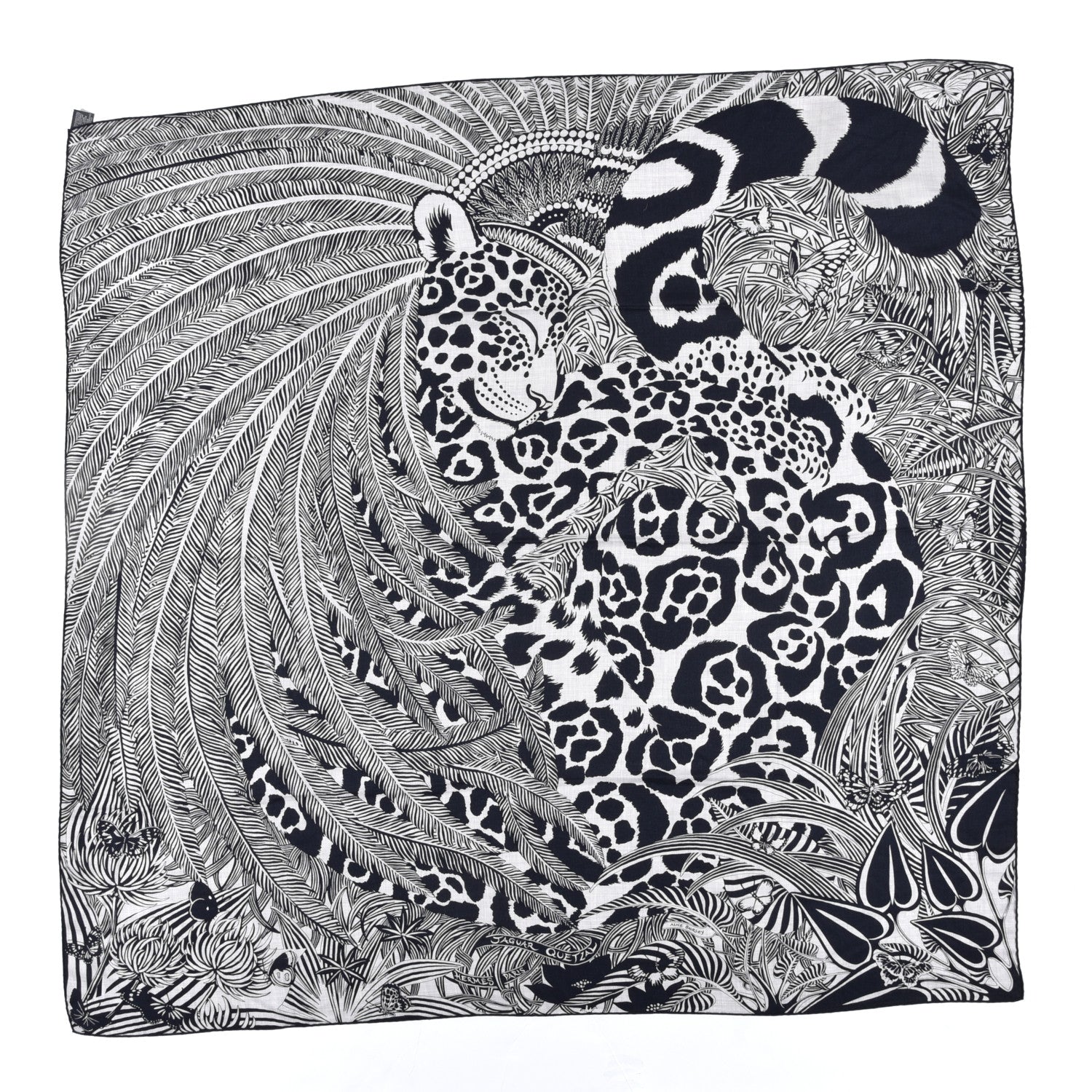 Hermes Cashmere Silk Jaguar Quetzal Shawl 140 Gris Chine Bleu Black Gris 1 of 7