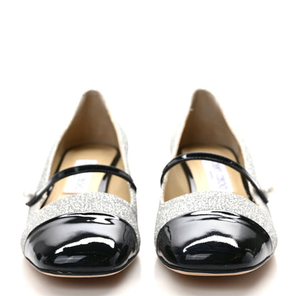 Jimmy Choo Patent Glitter Elisa 45 Mary Jane Flats 37.5 Silver Black 2 of 9