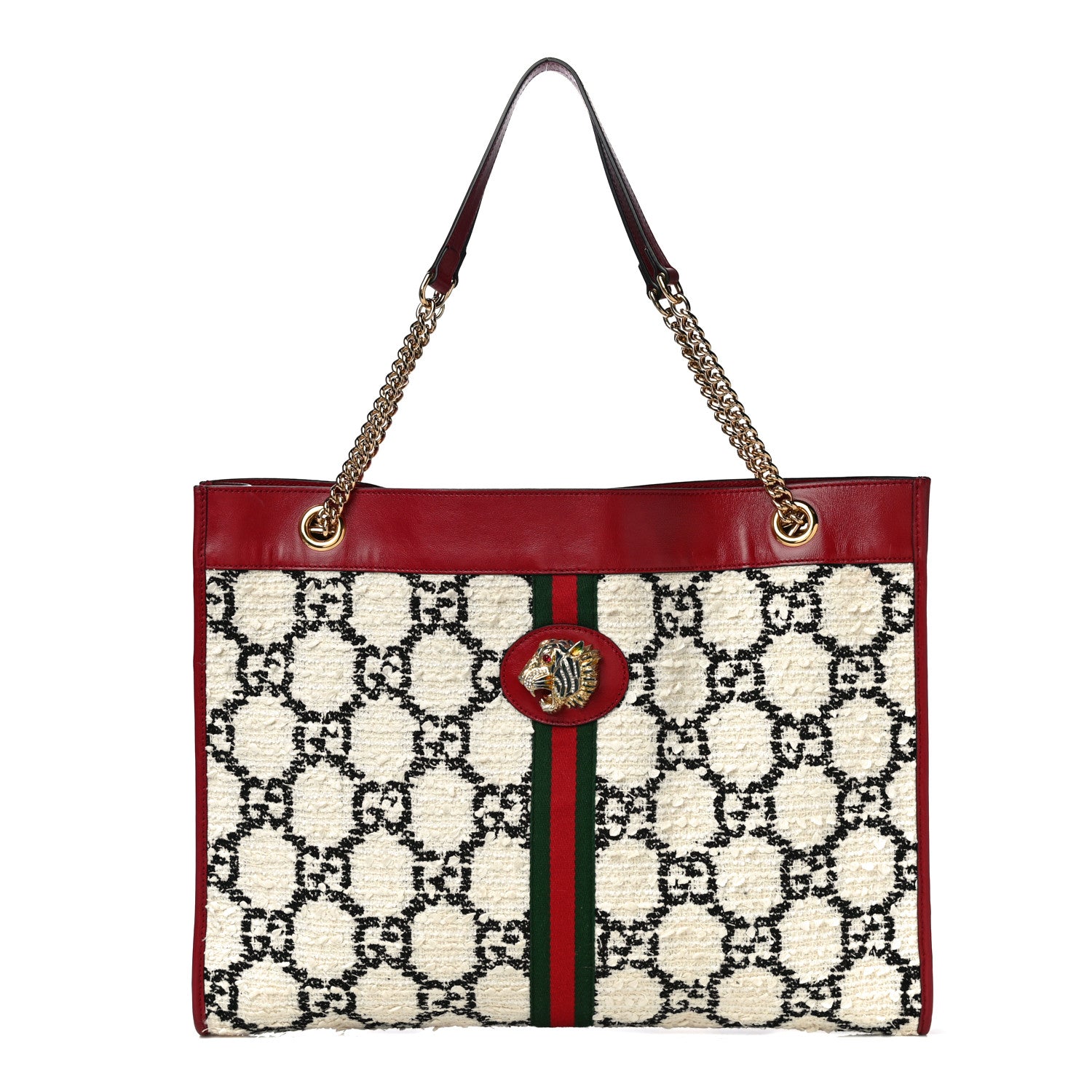 Gucci Tweed GG Monogram Large Rajah Chain Tote White Black Romantic Cherry 3 of 24