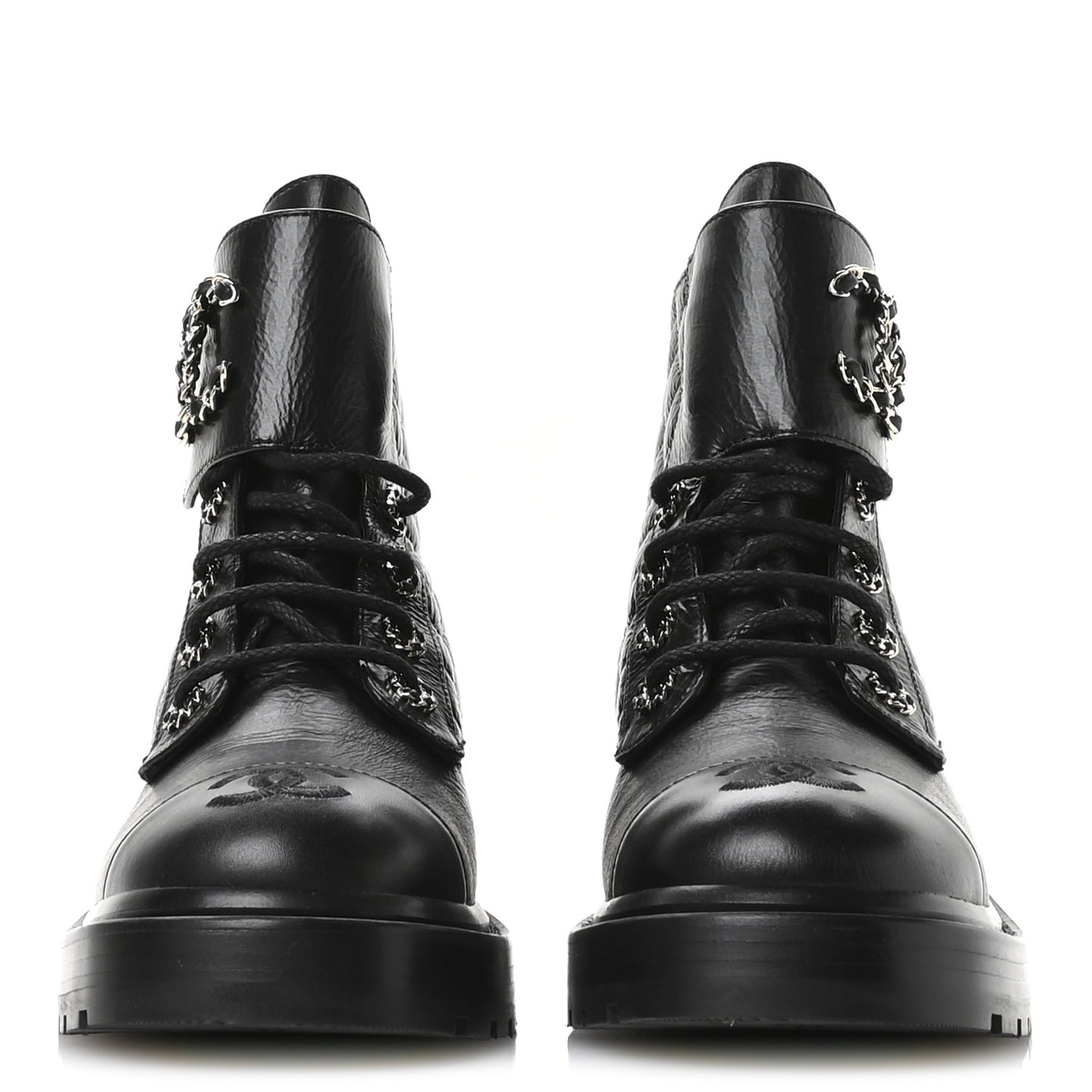 Shiny Goatskin Calfskin Quilted Lace Up Combat Boots 39 Black