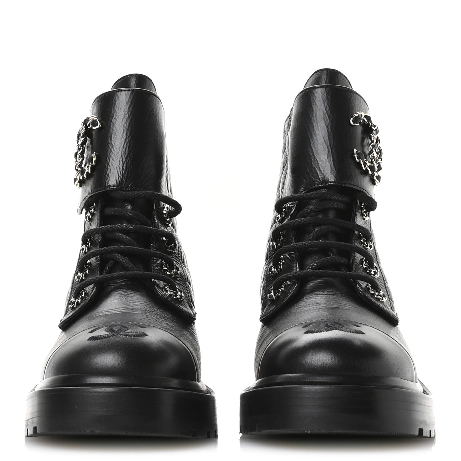 Chanel Shiny Goatskin Calfskin Quilted Lace Up Combat Boots 39 Black 3 of 9