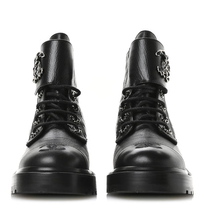 Chanel Shiny Goatskin Calfskin Quilted Lace Up Combat Boots 39 Black 3 of 9