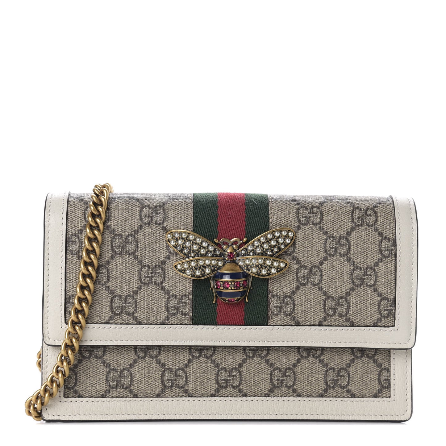 GG Supreme Monogram Web Queen Margaret Chain Wallet White