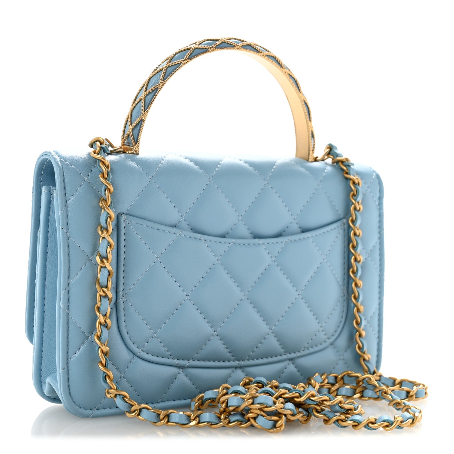 Chanel Lambskin Quilted Metal Twist Top Handle Wallet On Chain WOC Blue 3 of 13