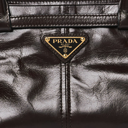 Prada Glossy Calfskin Triangle Medium Bonnie Shoulder Bag Dark Brown 8 of 11