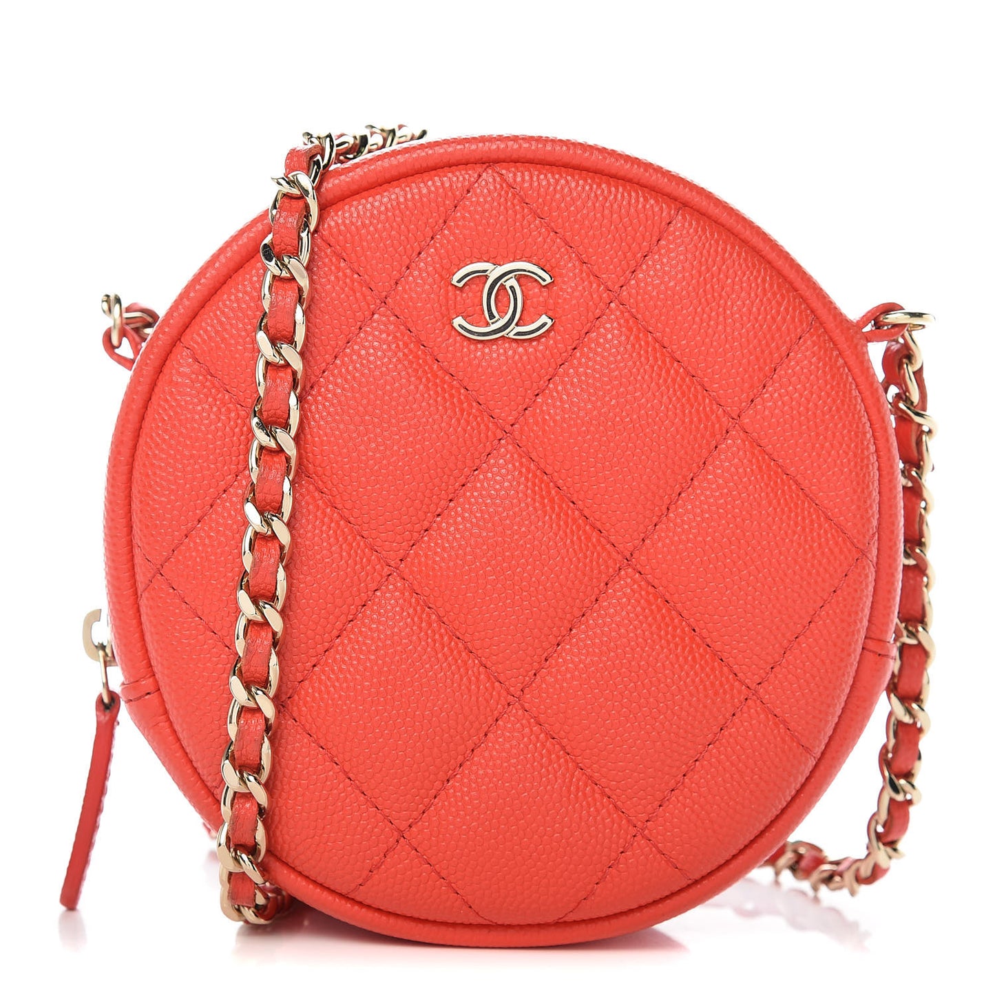 Caviar Quilted Round Clutch With Chain Red