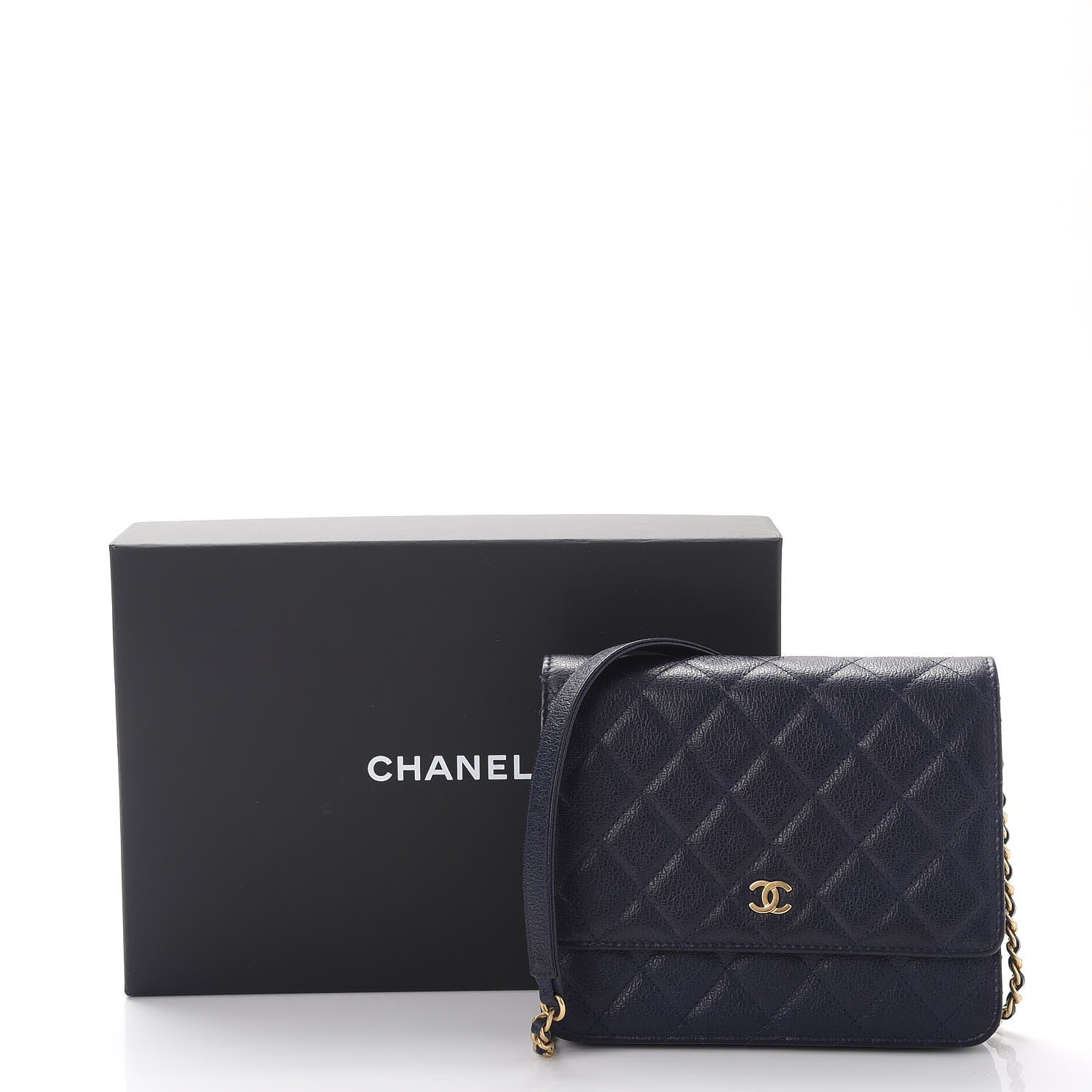 Chanel Letter Calfskin Embossed Quilted Square Wallet On Chain WOC Navy 9 of 9
