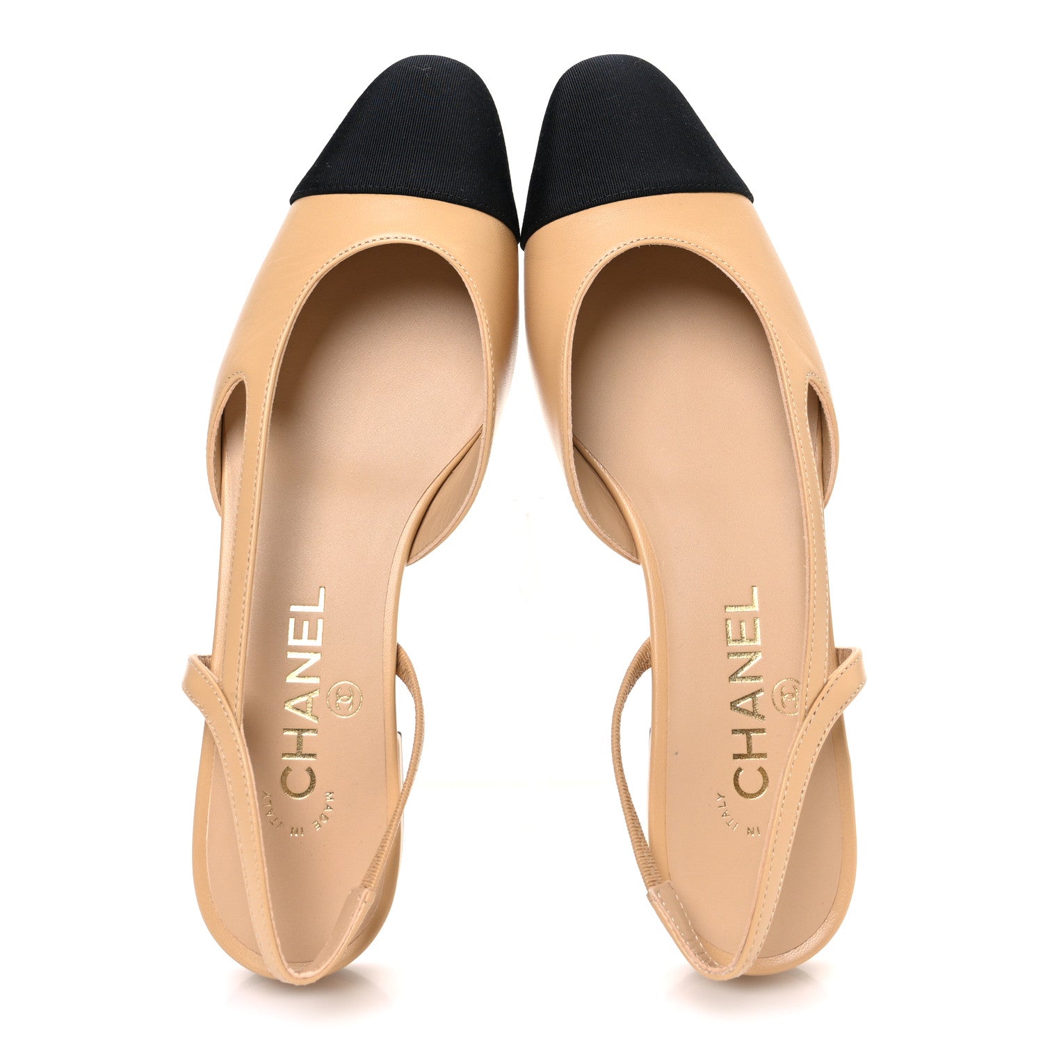 Chanel Goatskin Grosgrain Cap Toe CC Slingback Sandals 37.5 Beige Black 2 of 11