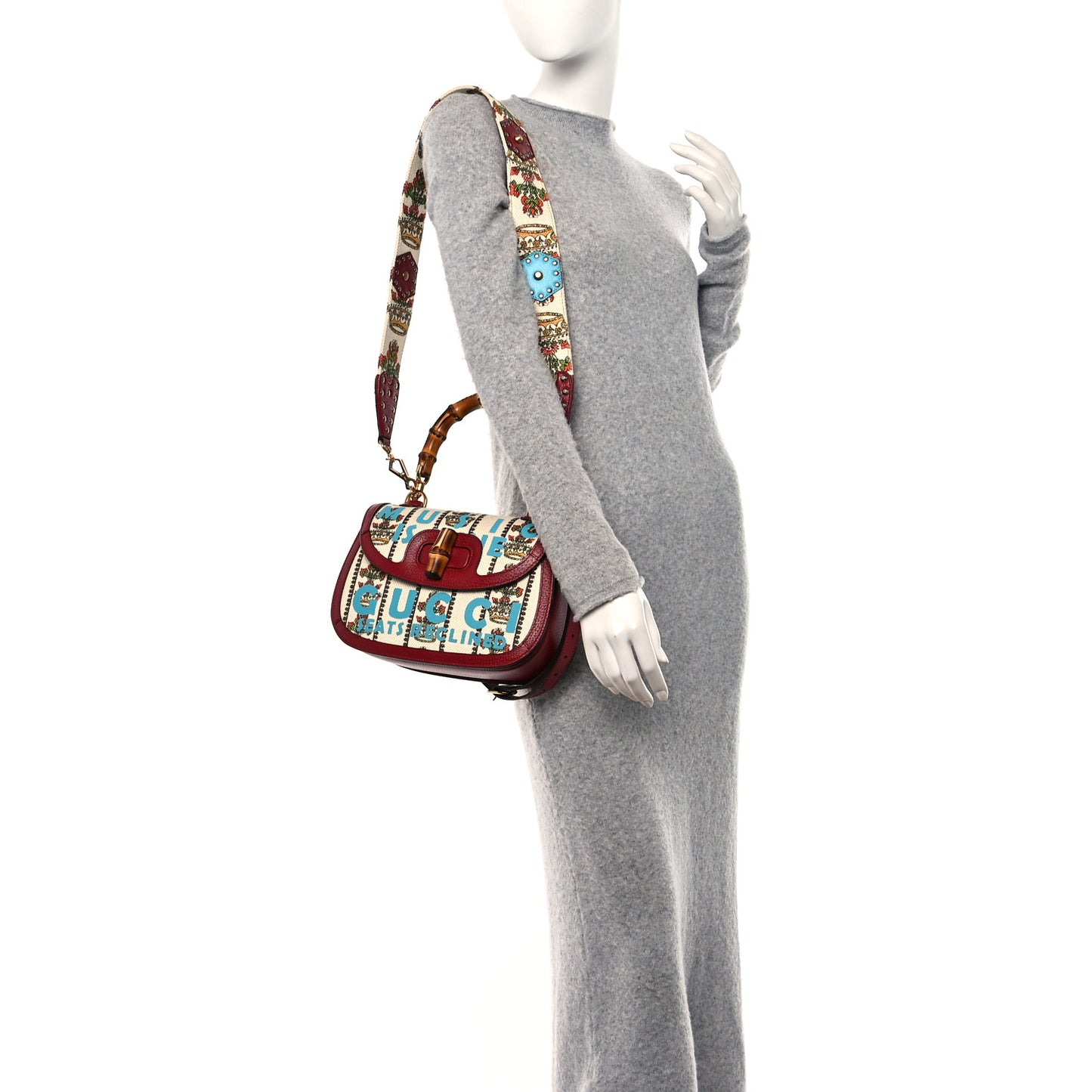 Canvas Calfskin 100 Centennial Music Medium Bamboo 1947 Top Handle Bag Ivory Red