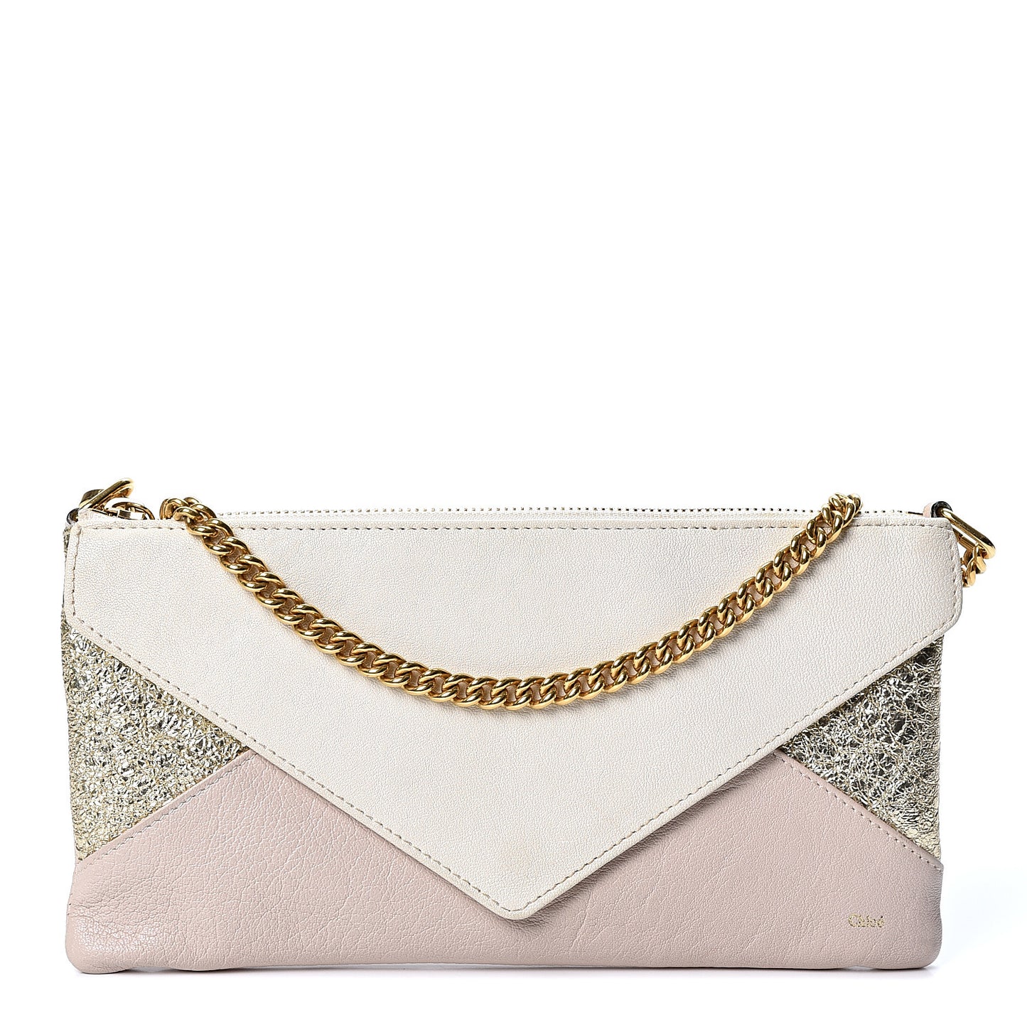 Metallic Calfskin Patchwork Chain Wallet White Pink