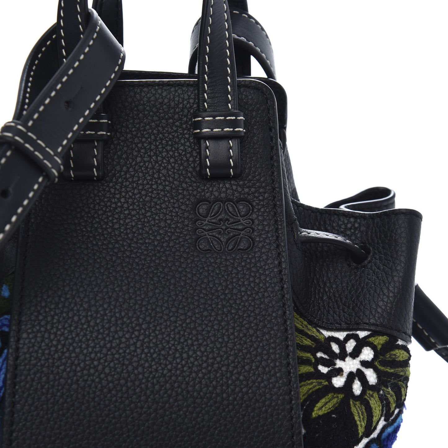 Calfskin Embroidered Floral Mini Hammock Shoulder Bag Black Peacock Blue