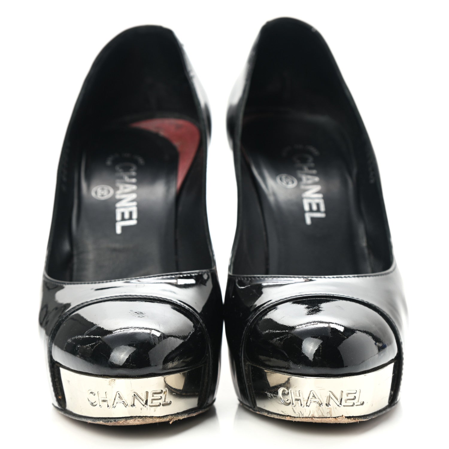 Chanel Patent Silver Cap Toe CC Pumps 38.5 Black 2 of 15