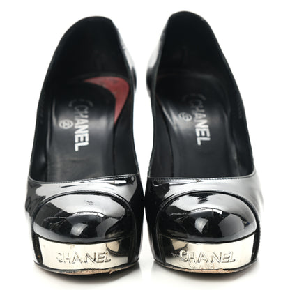 Chanel Patent Silver Cap Toe CC Pumps 38.5 Black 2 of 15