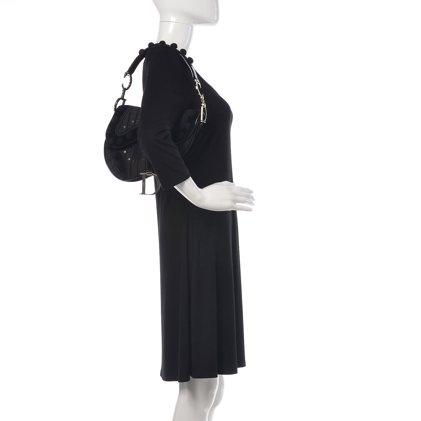 Velvet Nylon Pom Pom Saddle Bag Black