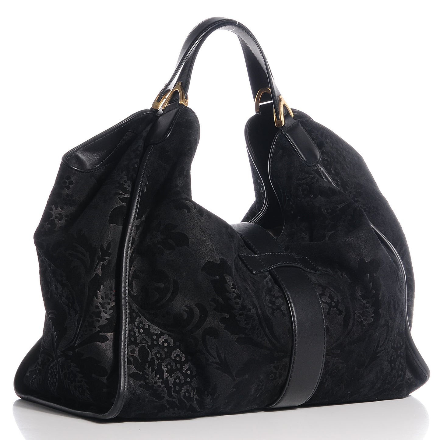 Soft Leather Brocade Large Stirrup Shoulder Bag Black